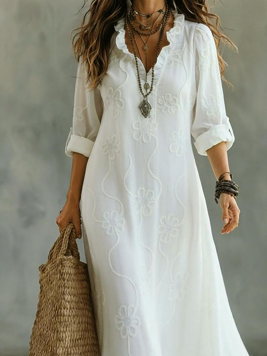 Elegant Floral Print Ruffled Collar Midi Dress