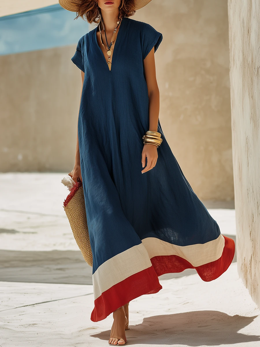 Blue V Neck Loose Casual Maxi Dress