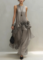 Gray Sleeveless 3D Floral Loose Elegant Maxi Dress