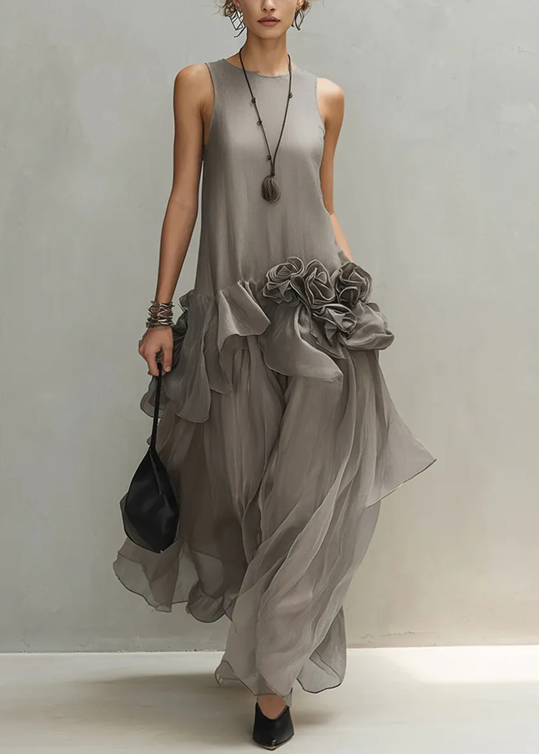 Gray Sleeveless 3D Floral Loose Elegant Maxi Dress