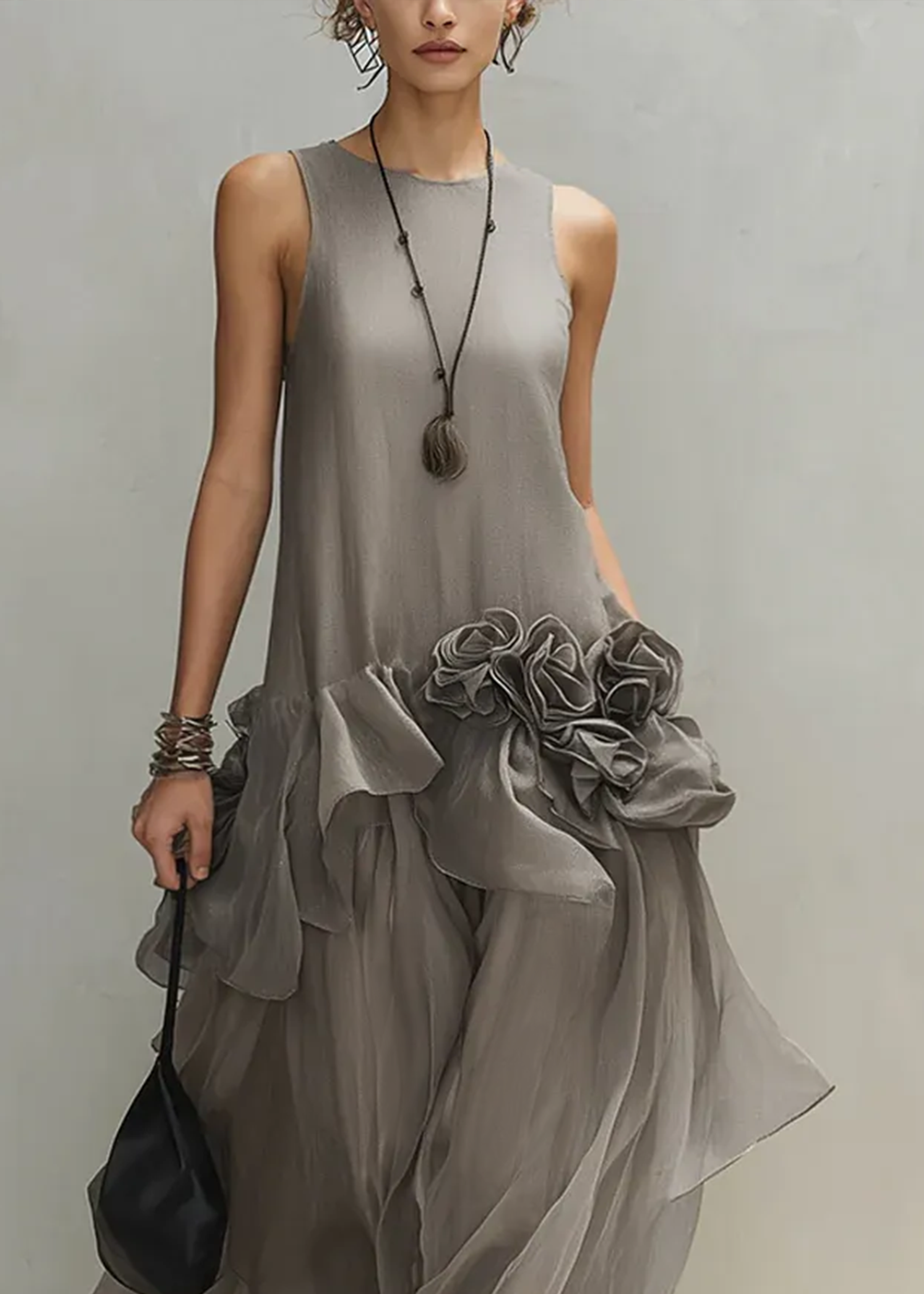 Gray Sleeveless 3D Floral Loose Elegant Maxi Dress