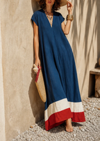 Blue V Neck Loose Casual Maxi Dress