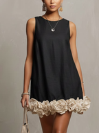 Black Sleeveless 3D Flower Detail Loose Mini Dress