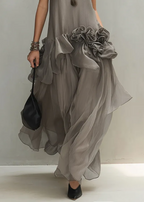 Gray Sleeveless 3D Floral Loose Elegant Maxi Dress