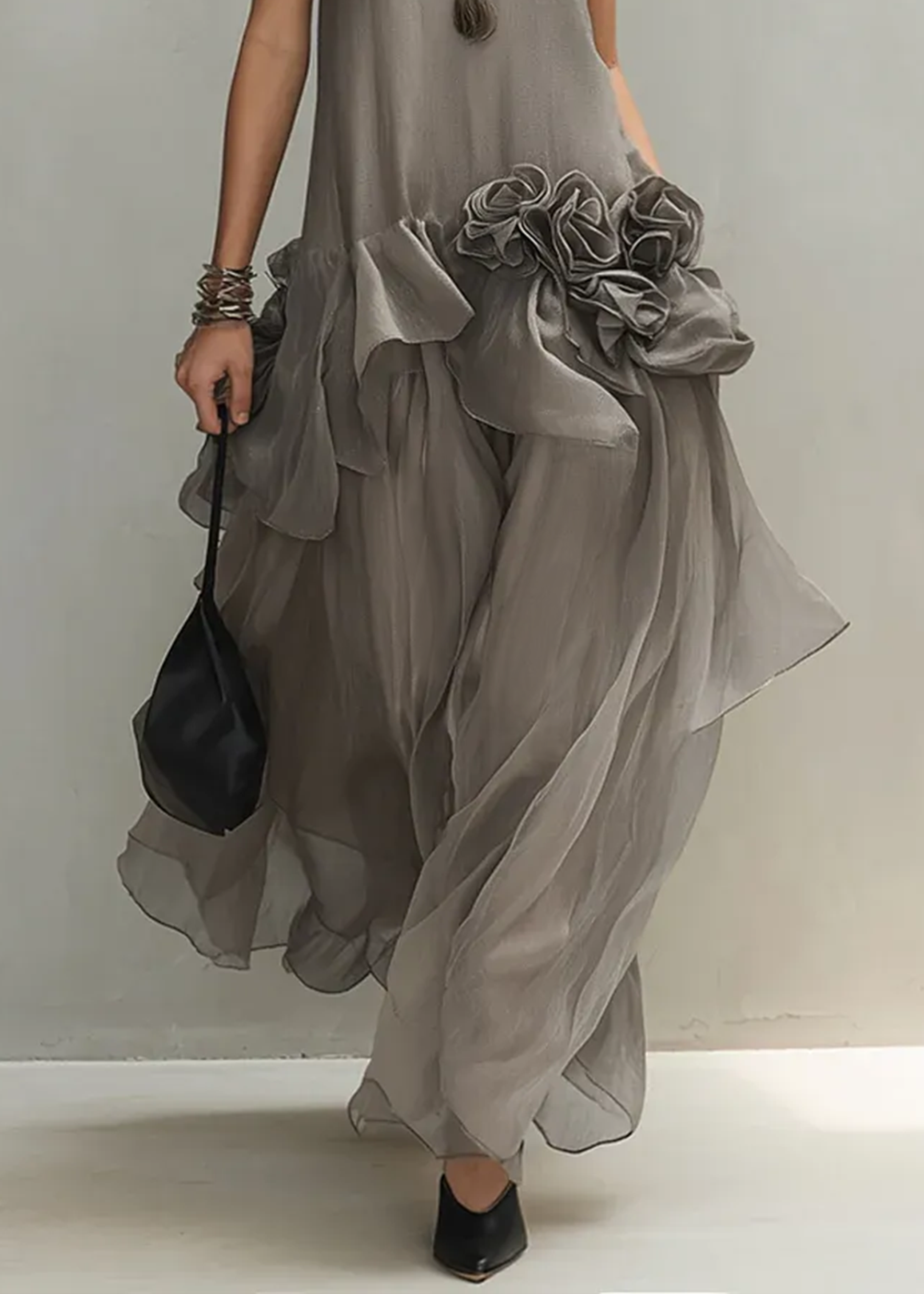 Gray Sleeveless 3D Floral Loose Elegant Maxi Dress