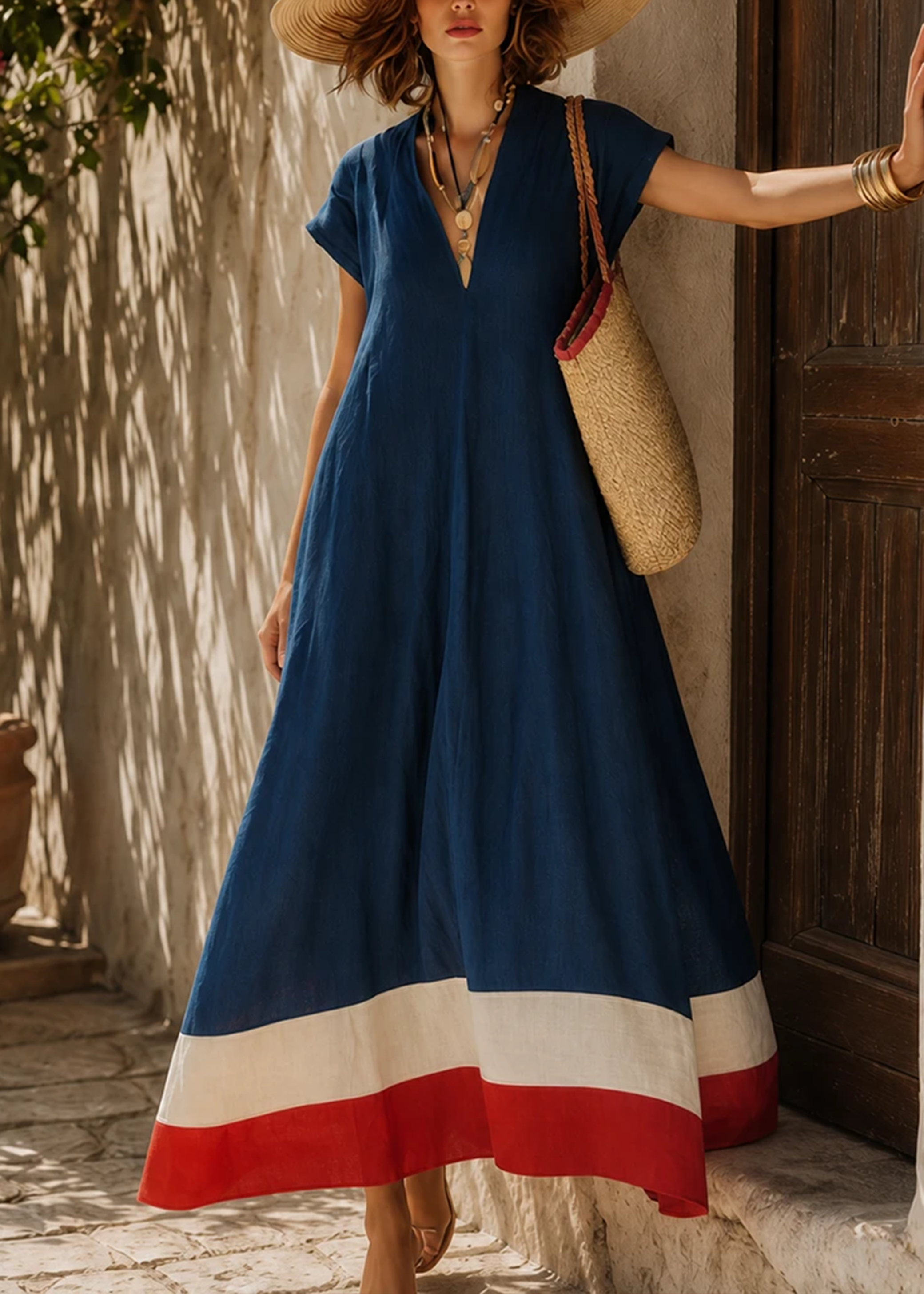 Blue V Neck Loose Casual Maxi Dress