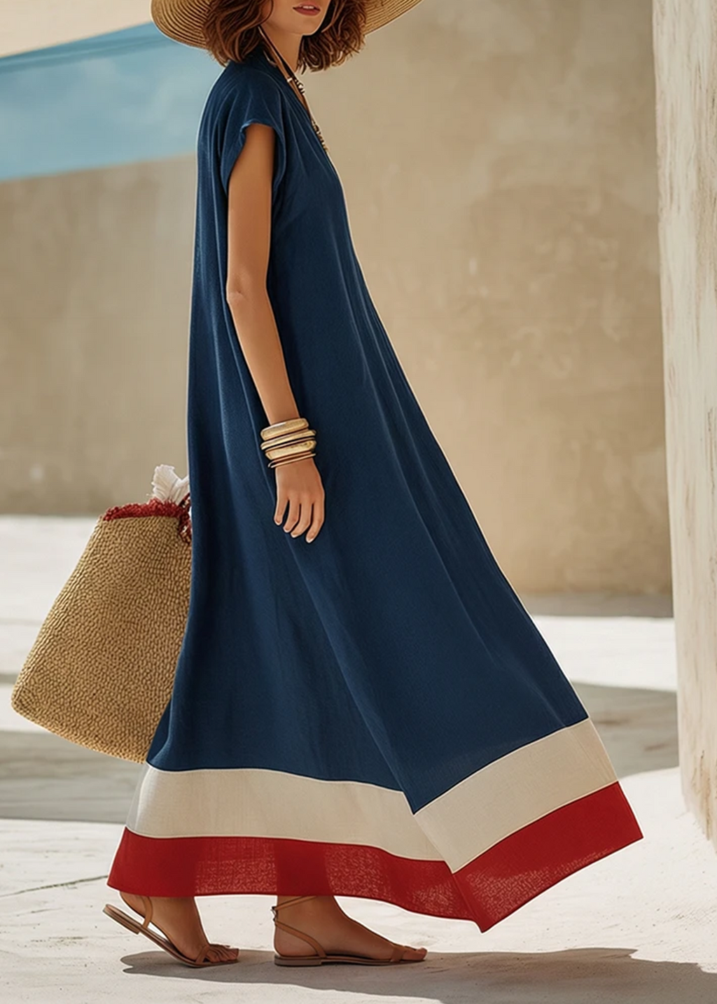 Blue V Neck Loose Casual Maxi Dress