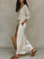 Elegant Knitted Pullover Top and Satin Midi Skirt Set