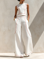 Women's Minimalist Linen-Blend Blouse & Wide-Leg Pants Set