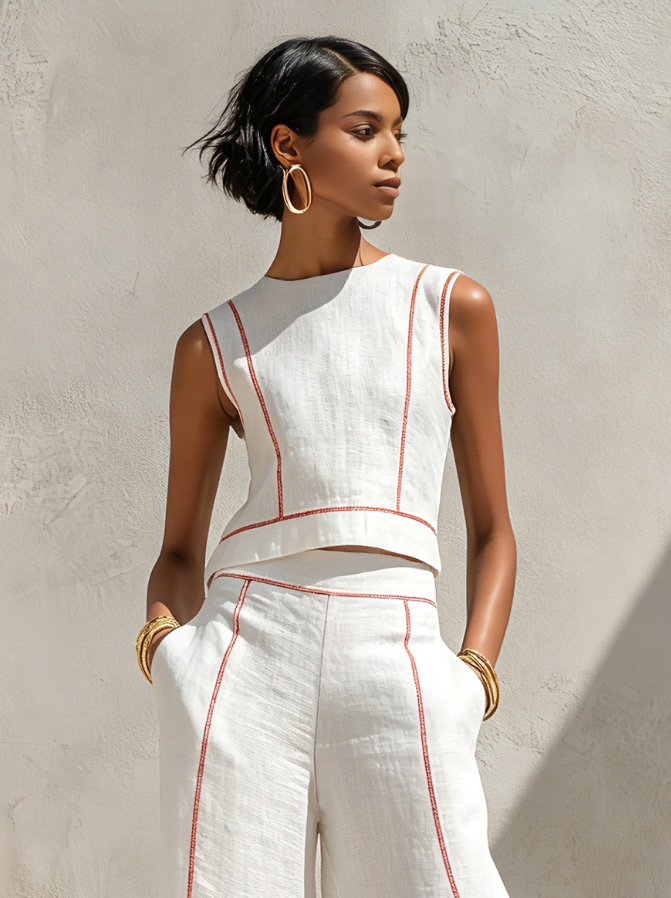 Women's Minimalist Linen-Blend Blouse & Wide-Leg Pants Set