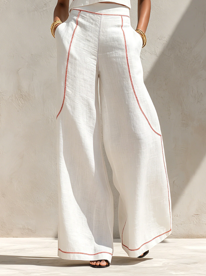 Women's Minimalist Linen-Blend Blouse & Wide-Leg Pants Set