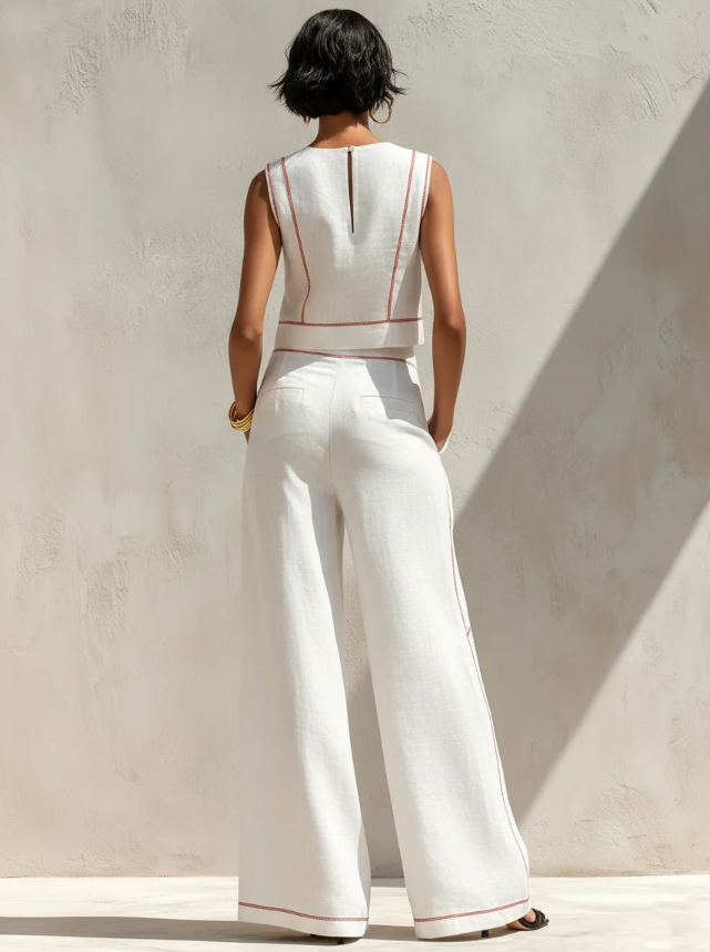 Women's Minimalist Linen-Blend Blouse & Wide-Leg Pants Set