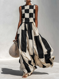 Fashionable Check And Stripe Pattern Sleeveless Maxi Dress