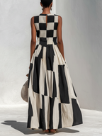 Fashionable Check And Stripe Pattern Sleeveless Maxi Dress