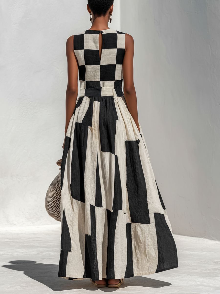 Fashionable Check And Stripe Pattern Sleeveless Maxi Dress