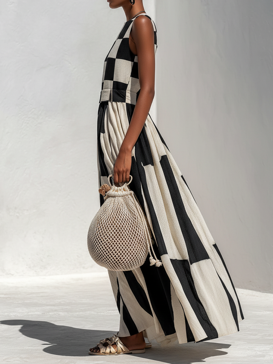 Fashionable Check And Stripe Pattern Sleeveless Maxi Dress