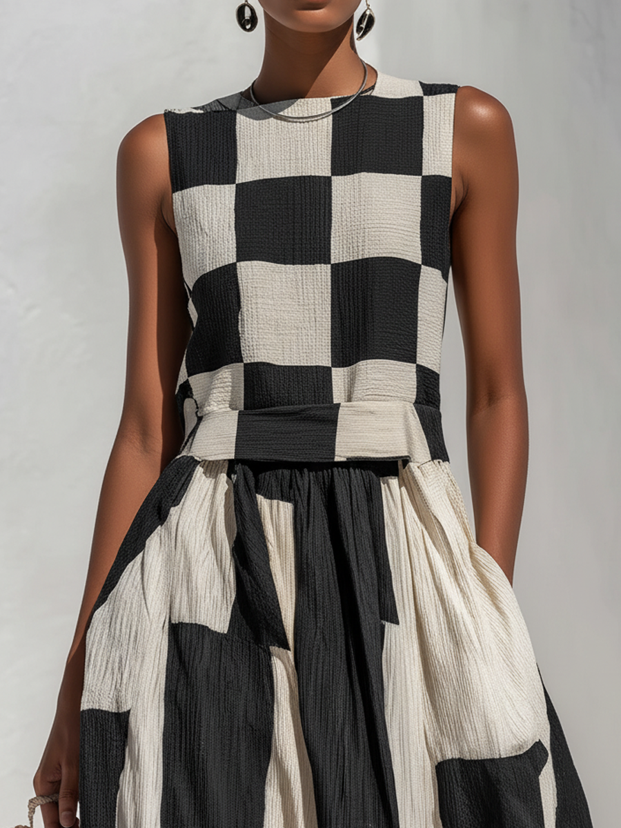 Fashionable Check And Stripe Pattern Sleeveless Maxi Dress