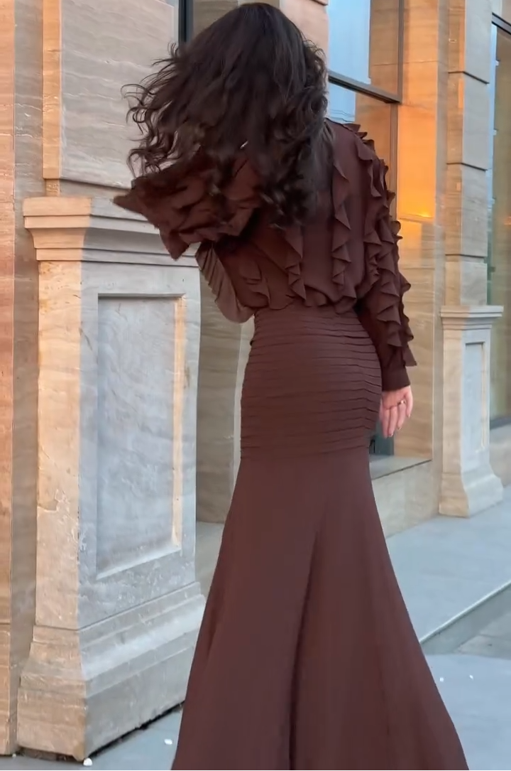 Brown Ruffle Long Sleeve Top & Ribbed Mermaid Maxi Skirt Two-Piece Set