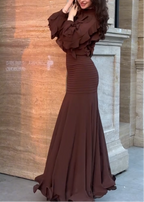Brown Ruffle Long Sleeve Top & Ribbed Mermaid Maxi Skirt Two-Piece Set