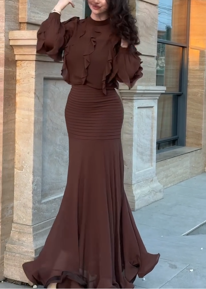 Brown Ruffle Long Sleeve Top & Ribbed Mermaid Maxi Skirt Two-Piece Set