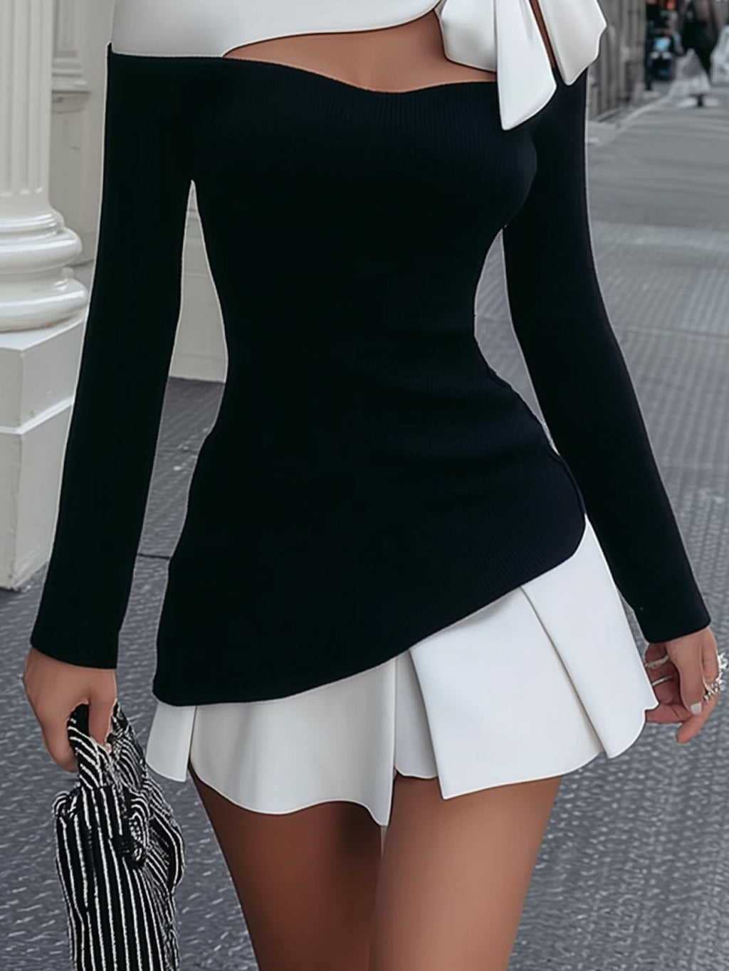 Black And White Stitched Strappy Bow Tie Mini Dress Set