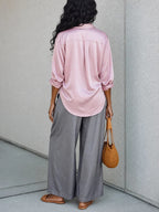 Pink Satin Oversized Shirt & Grey High Waist Wide Leg Pants Two Piece Matching Set