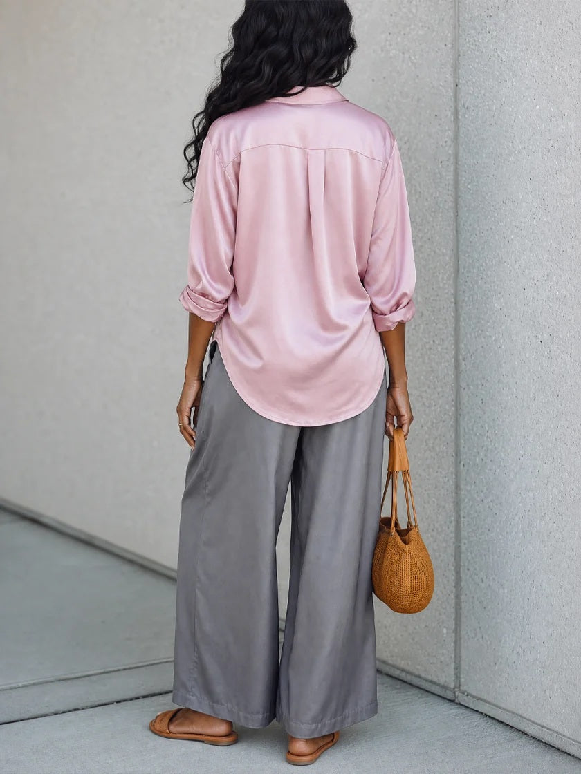 Pink Satin Oversized Shirt & Grey High Waist Wide Leg Pants Two Piece Matching Set