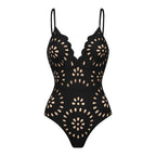 Black Laser Cutting Flower Hollow One Piece Swimsuit and Skirt