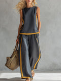 Round Neck Sleeveless Casual Loose Top And High-waisted Wide-leg Pants Set
