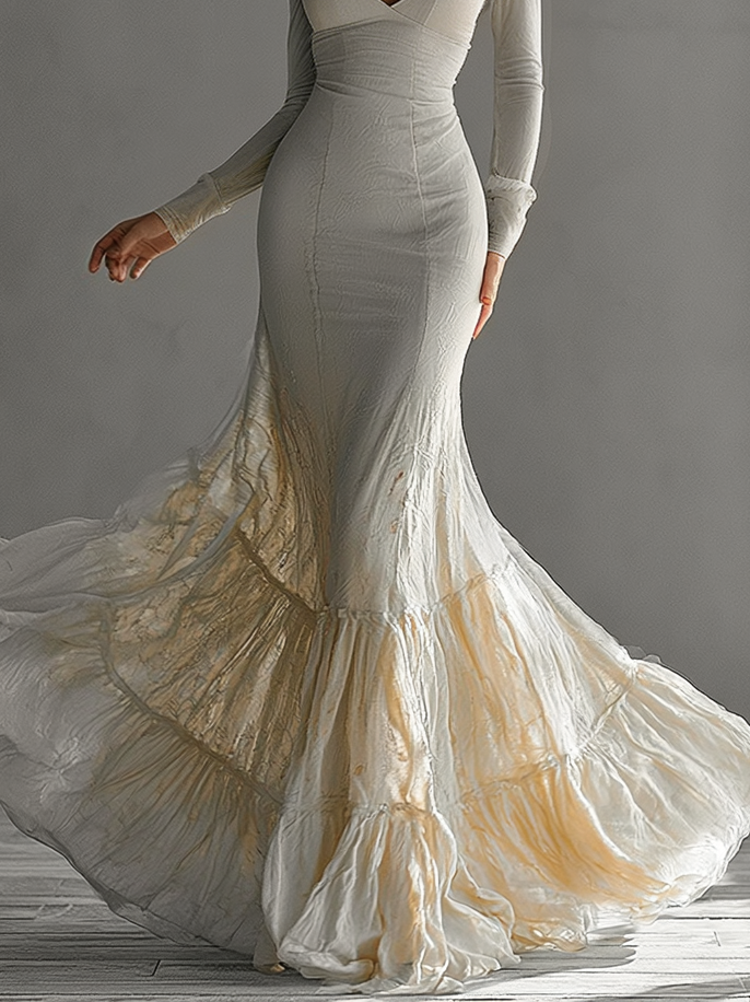 Deep V-Neck Long-Sleeved A-Line Mermaid Elegant Gown