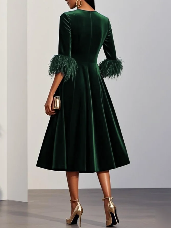 Dark Blue Feather-trimmed Velvet Round Neck Short-sleeved A-line Midi Dress