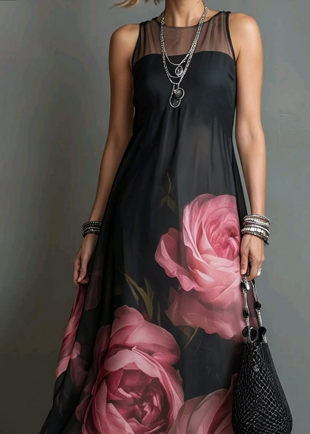 Black Sleeveless Printed Loose Maxi Dress
