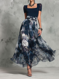 Blue Floral Print Square Neck Belted A Line Elegant Maxi Dress