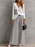 White V Neck Long Sleeve Top & Black White Vertical Stripe Wide Leg Pants Two Piece Outfit