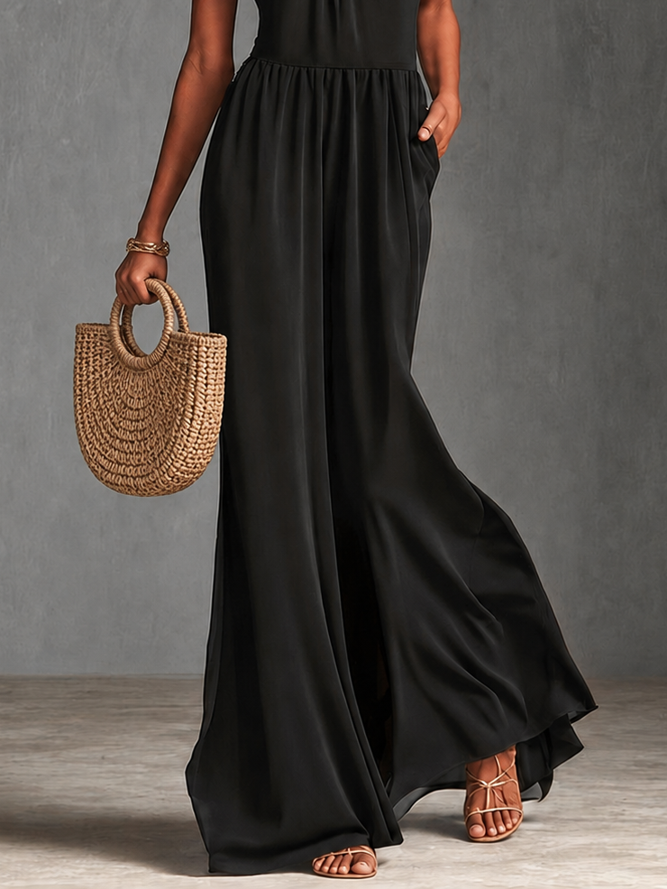 Black Chfiion Halter Jumpsuit High Waist Floor Length Maxi Dress