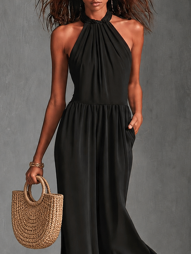 Black Chfiion Halter Jumpsuit High Waist Floor Length Maxi Dress