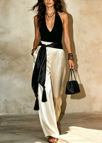 White Satin Wide Leg Pant Halter Top Casual Set