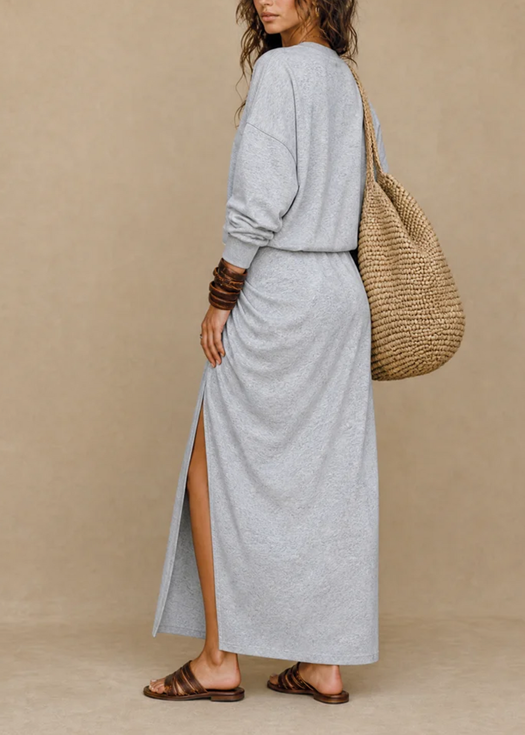 Gray Loose Top Pleated Asymmetric Casual Maxi Dress Set