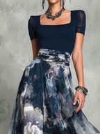Blue Floral Print Square Neck Belted A Line Elegant Maxi Dress