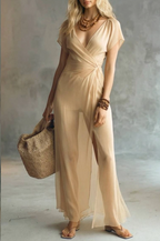 Champagne Chiffon V Neck Slit Maxi Dress