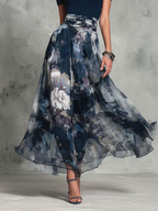 Blue Floral Print Square Neck Belted A Line Elegant Maxi Dress