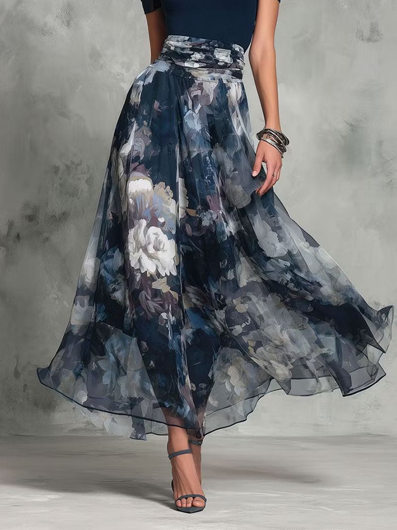 Blue Floral Print Square Neck Belted A Line Elegant Maxi Dress