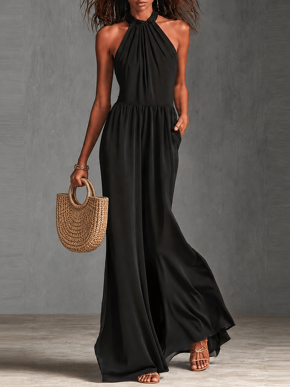 Black Chfiion Halter Jumpsuit High Waist Floor Length Maxi Dress
