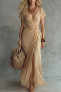 Champagne Chiffon V Neck Slit Maxi Dress