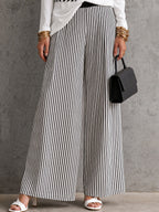 White V Neck Long Sleeve Top & Black White Vertical Stripe Wide Leg Pants Two Piece Outfit