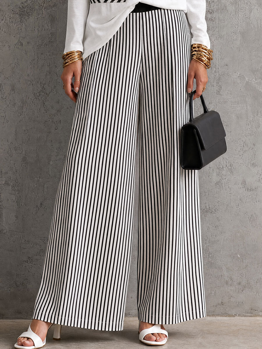 White V Neck Long Sleeve Top & Black White Vertical Stripe Wide Leg Pants Two Piece Outfit