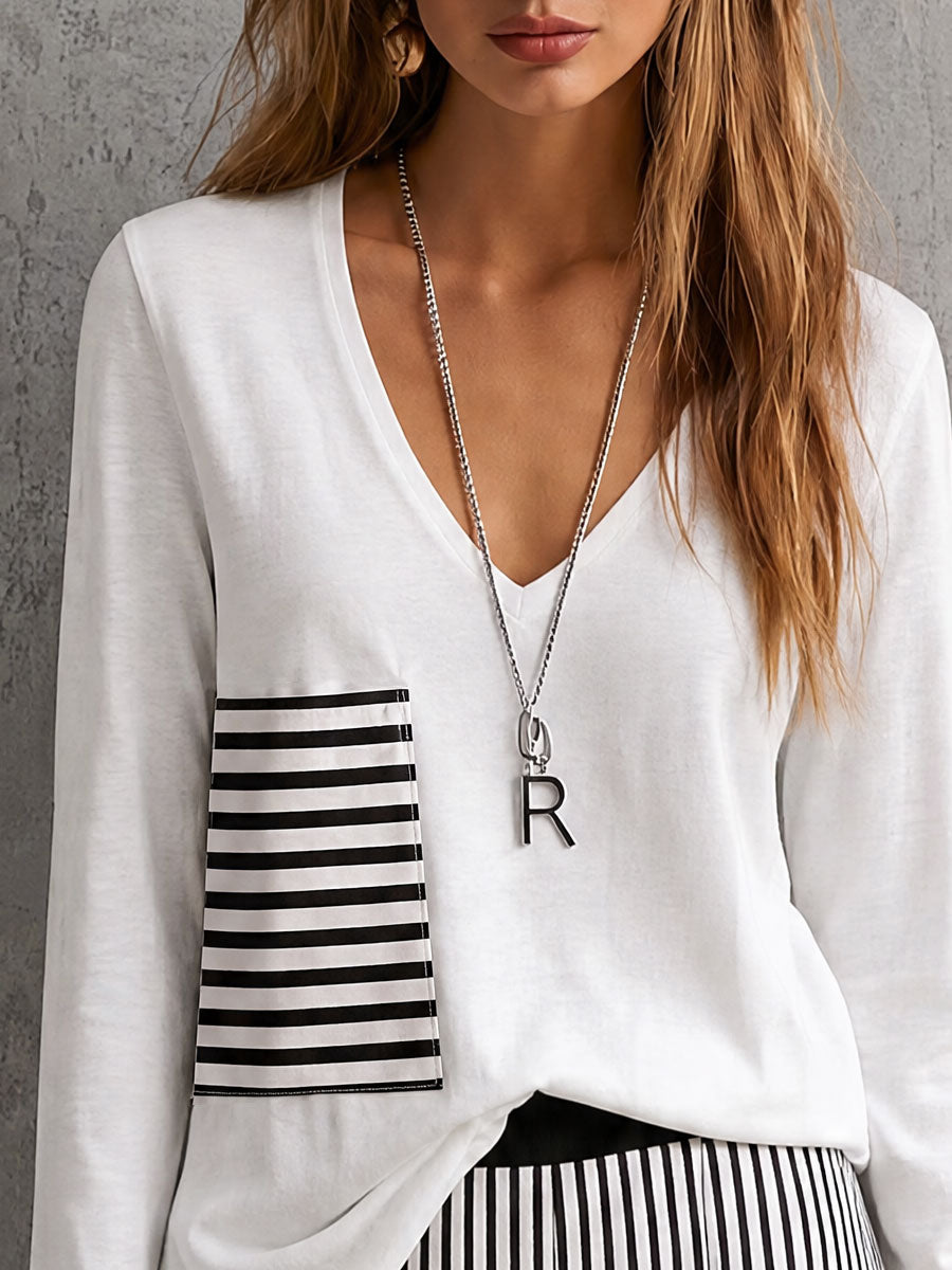 White V Neck Long Sleeve Top & Black White Vertical Stripe Wide Leg Pants Two Piece Outfit