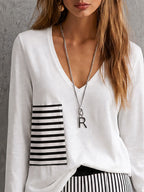 White V Neck Long Sleeve Top & Black White Vertical Stripe Wide Leg Pants Two Piece Outfit