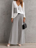 White V Neck Long Sleeve Top & Black White Vertical Stripe Wide Leg Pants Two Piece Outfit