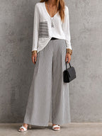 White V Neck Long Sleeve Top & Black White Vertical Stripe Wide Leg Pants Two Piece Outfit